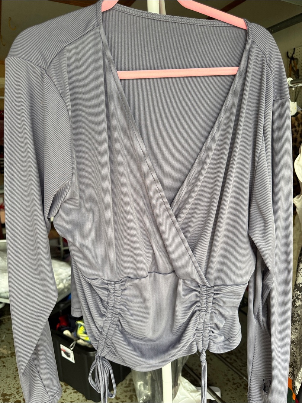 SHEIN Gray Ribbed Ruched Wrap Long Sleeve Top